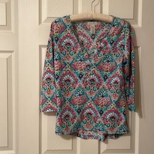 Caribbean Joe Pineapple Print V Neck 3/4 sleeve Top size Small